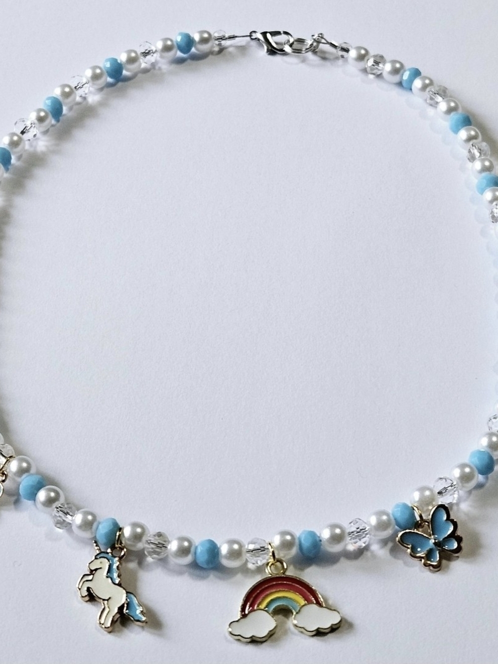 Handmade Blue Pearl Charm Necklace with Rainbow, Unicorn & Butterfly